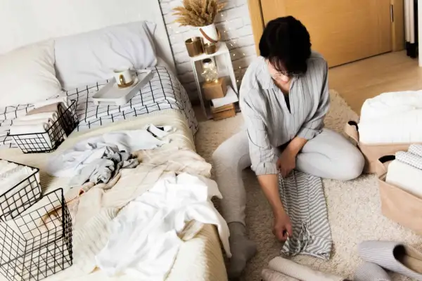 Een vrouw is bezig met het kamer opruimen. Ze vouwt kleding op en legt deze in manden naast een opgemaakt bed.