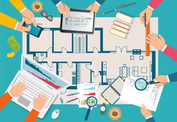 Teamwerk aan een bouwplan: hoe pak je een verbouwing aan? Met blauwdrukken, laptops, geld en koffie.