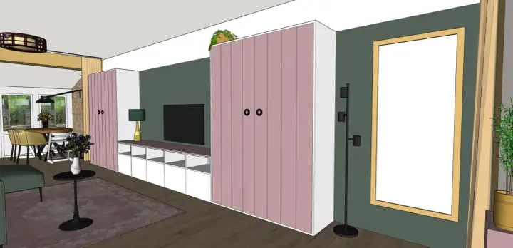 Moderne woonkamer met roze kasten, tv-meubel en eethoek. Een complete uitzetlijst huis voor een stijlvol interieur.